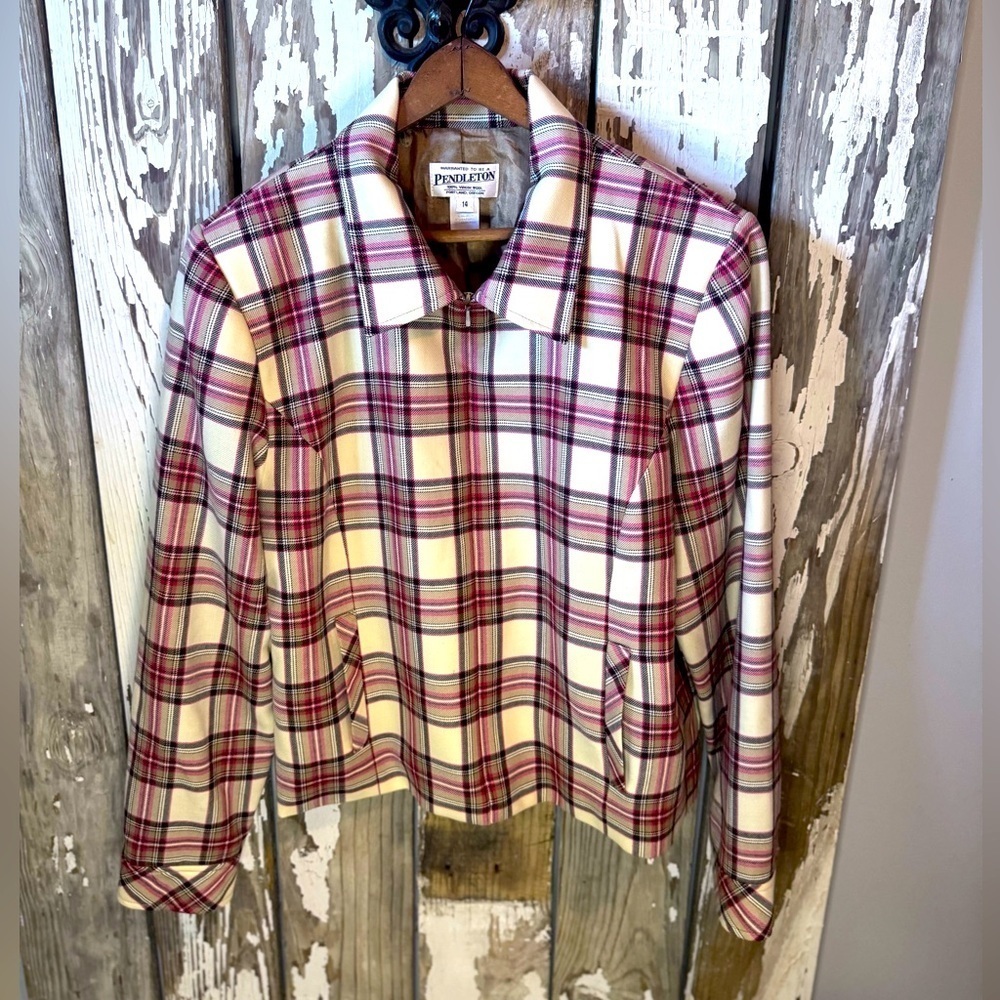 Pendleton Plaid Zip Jacket Size 14 Tan with Red & Black 100%Virgin Wool